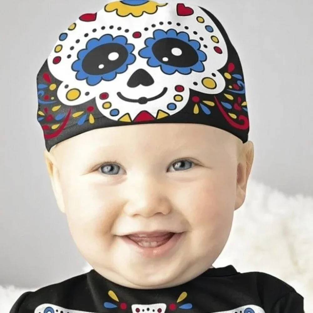 Infants Sugar Skull Skeleton Jumpsuit Cap Halloween Costume 0-6 Months Black NEW